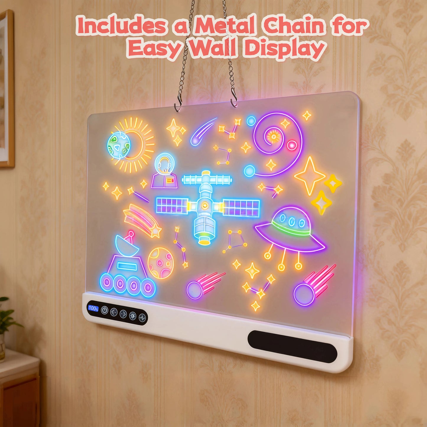 16 inch Rechargeable LED Drawing Board for Kids, 10-Color Light Up Doodle Pad, 1500mAh Battery, Digital Display, Touch Buttons & Built-in Stand, White