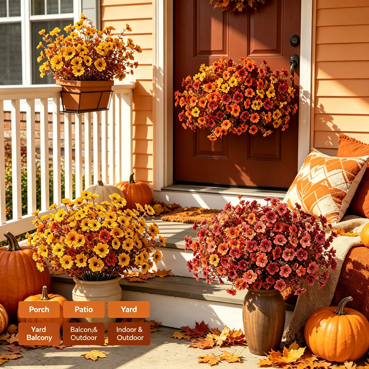 12 Bundles Artificial Fall Plants Flowers for Outdoor Decoration, 14" UV Resistant Faux Silk Daisy for Porch Patio Yard Autumn Decor