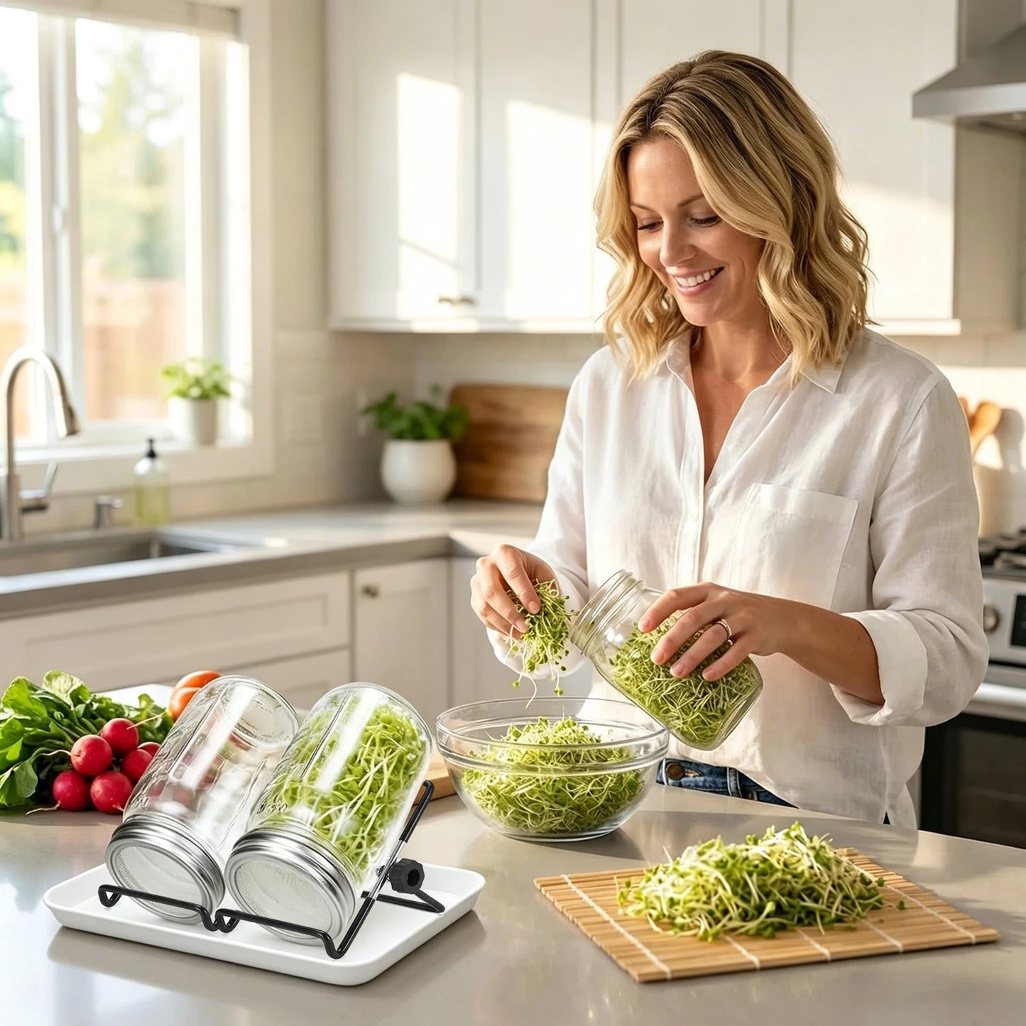 2 Set Sprouting Jar Kit, 32oz Wide Mouth Mason Jars with Sprout Lids, Stand, Drain Tray & Blackout Sleeves - Seed Sprouter Kit for Growing Mung Beans, Broccoli, Alfalfa Microgre