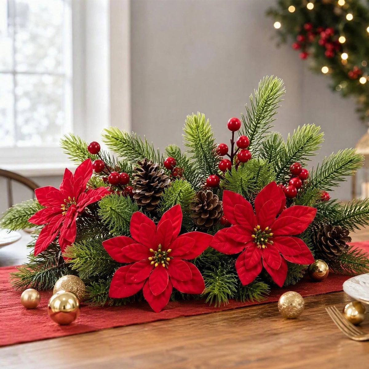 6 Pcs Artificial Plants Flowers Christmas Floral Picks, Velvet Poinsettia with Pine Cones Red Berries Pine Needles, Flexible Stems for Xmas Tree Thanksgiving Winter Table Centerpieces Indoor