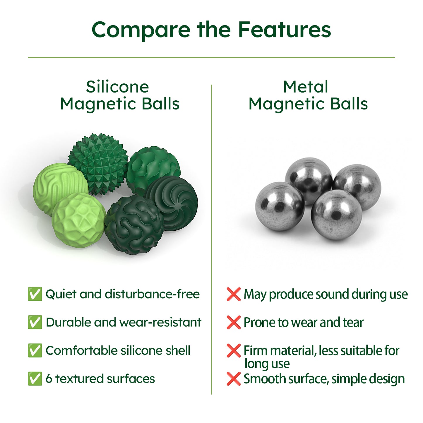 DIDUBUY Magnetic Fidget Balls for Adults & Teens, 6 Pcs Silicone Sensory Stress Relief Toys for Autism, Anxiety, Adhd, Quiet Desk Fidget Toy, Fun Gift Idea. Green