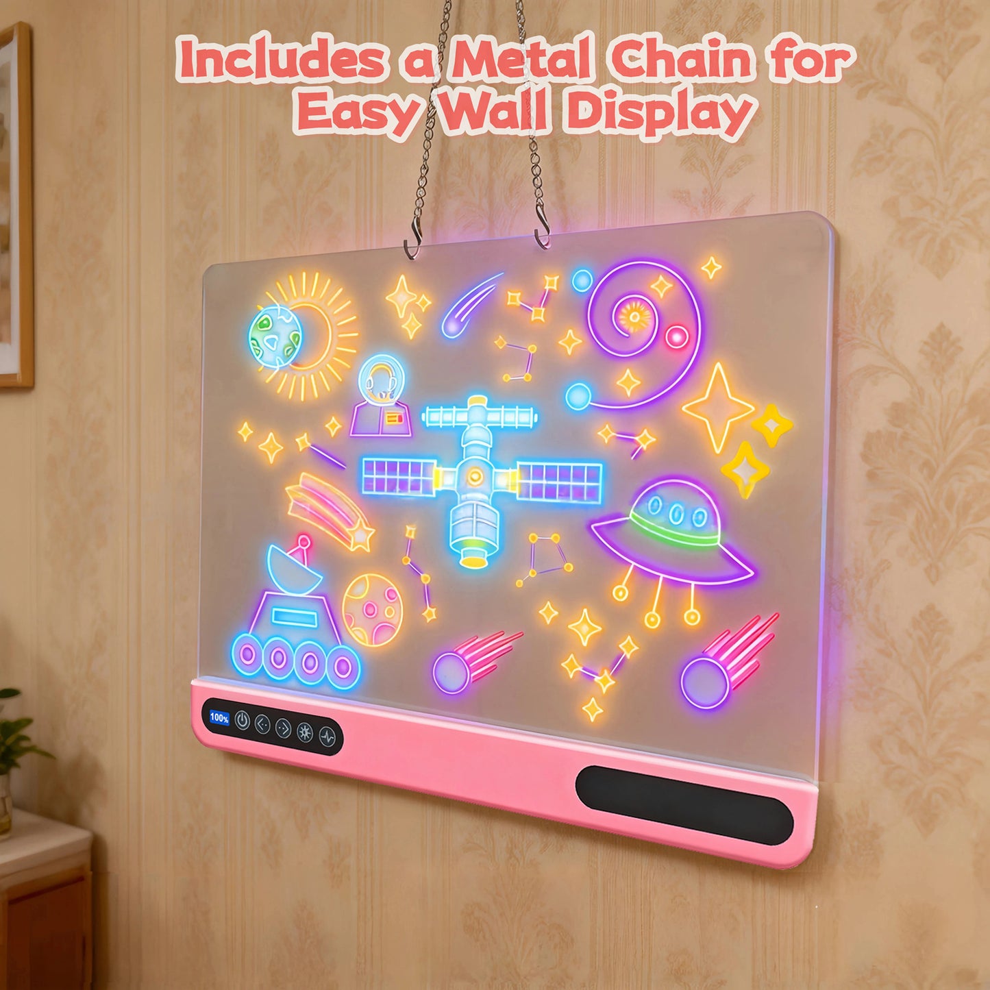 16 inch Rechargeable LED Drawing Board for Kids, 10-Color Light Up Doodle Pad, 1500mAh Battery, Digital Display, Touch Buttons & Built-in Stand, Pink