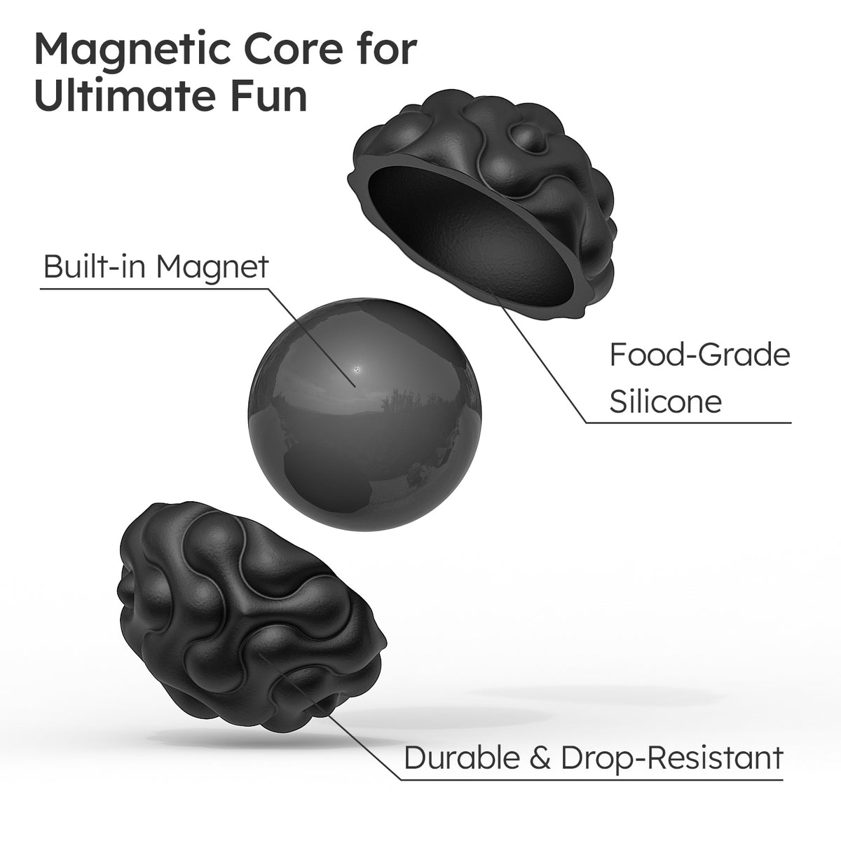 12 Pack Silicone Stress Relief Fidget Balls, Silent Desk Sensory Toys for Adults & Teens Office Classroom Use, Black