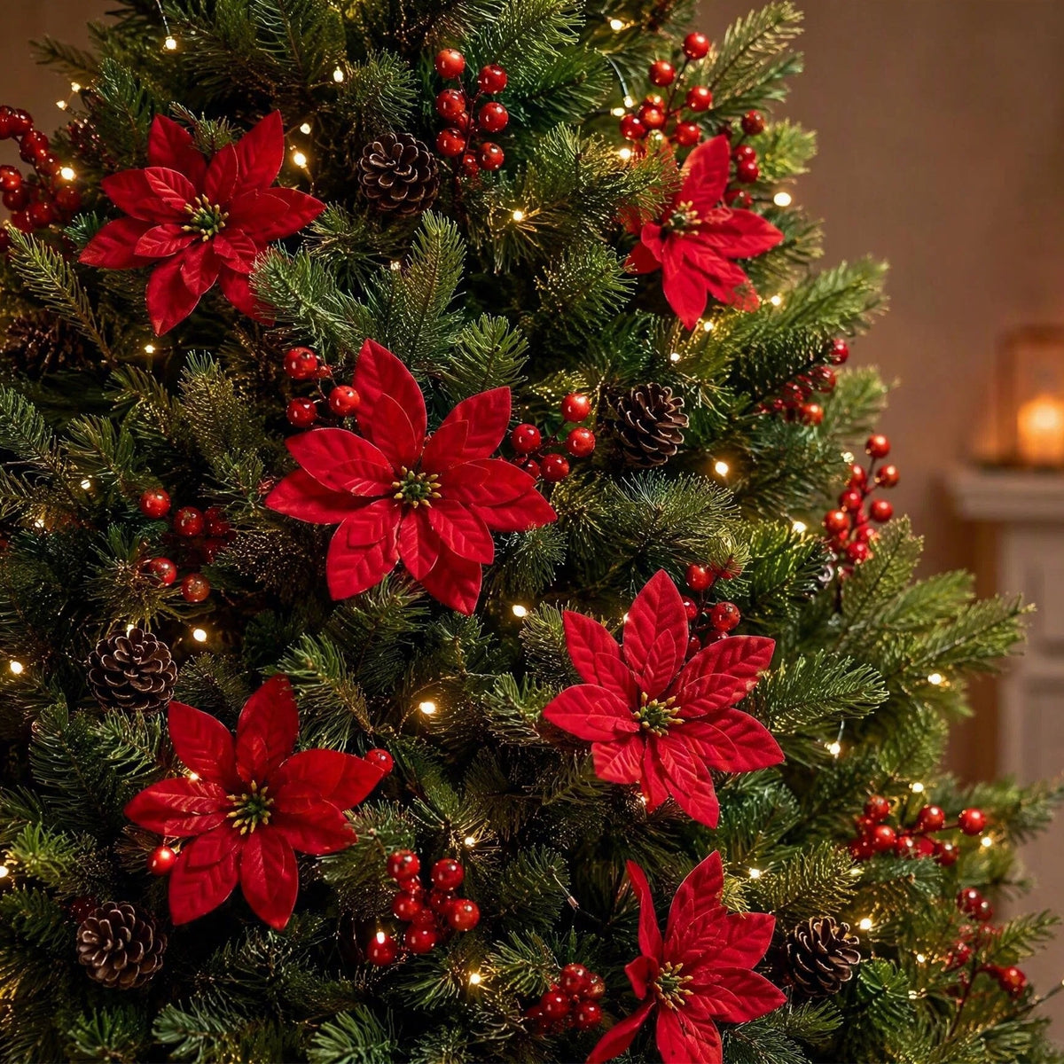 6 Pcs Artificial Plants Flowers Christmas Floral Picks, Velvet Poinsettia with Pine Cones Red Berries Pine Needles, Flexible Stems for Xmas Tree Thanksgiving Winter Table Centerpieces Indoor