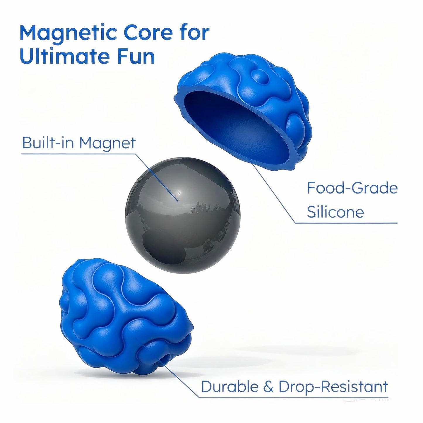 6 Pcs Magnetic Sensory Balls for Adults & Teens, Silicone Quiet Desk Stress Relief Fidget Ball Toys for Autism, Anxiety, Fun Gift Idea, Blue