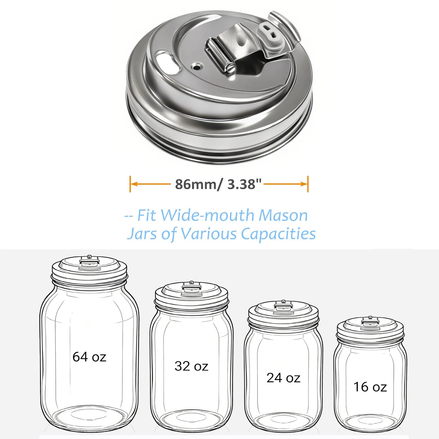 2 Pack Wide Mouth Mason Jar Drinking Lids, Stainless Steel Flip Top Lid, Airtight Leak Proof Anti-Crack Jar Cap for Iced Coffee Smoothie Cold Drinks