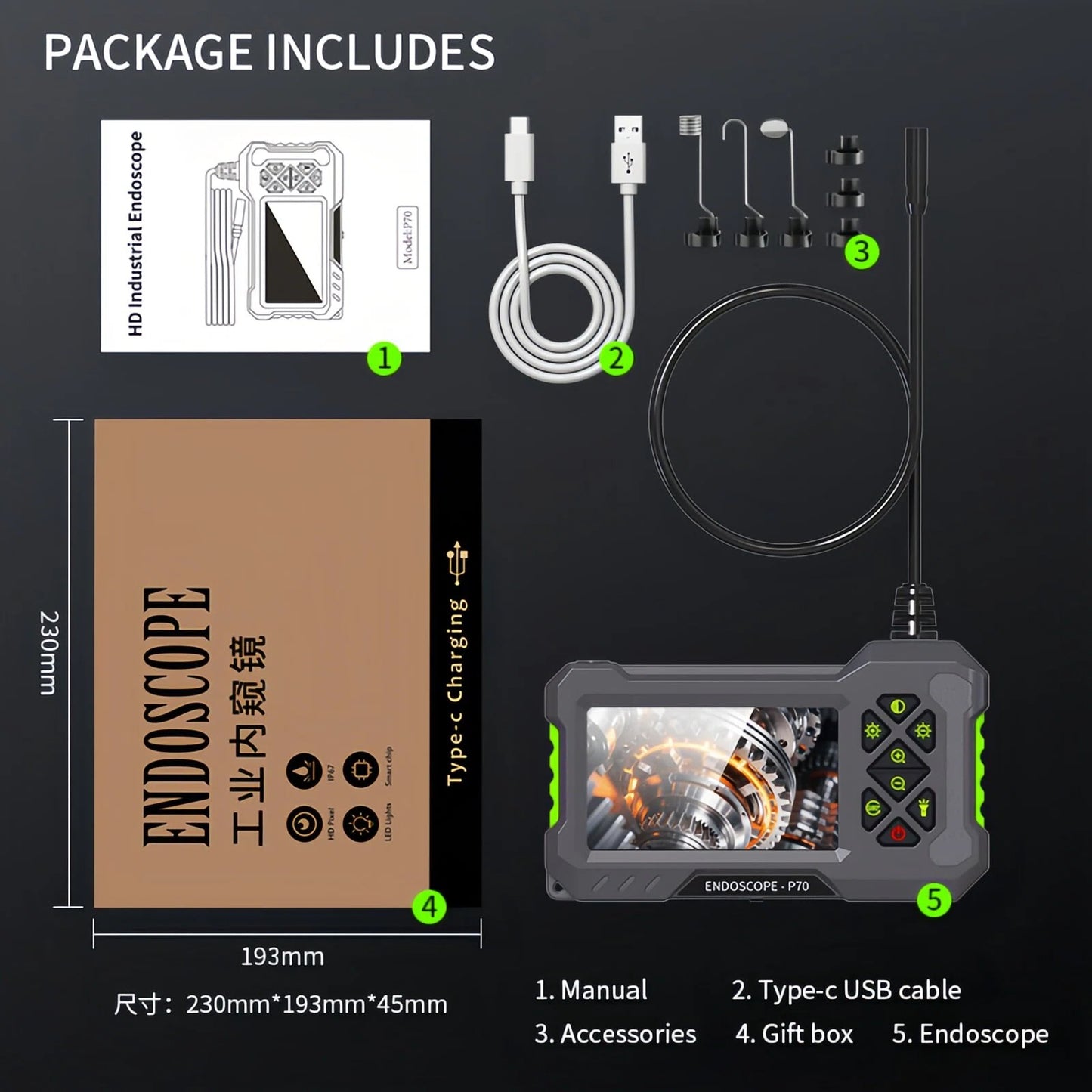 4.3" Borescope Camera with Light, 1080P HD Endoscope Snake Inspection Camera, 16.5ft Semi-Rigid Cable, IP67 Waterproof, 2600mAh Rechargeable Battery
