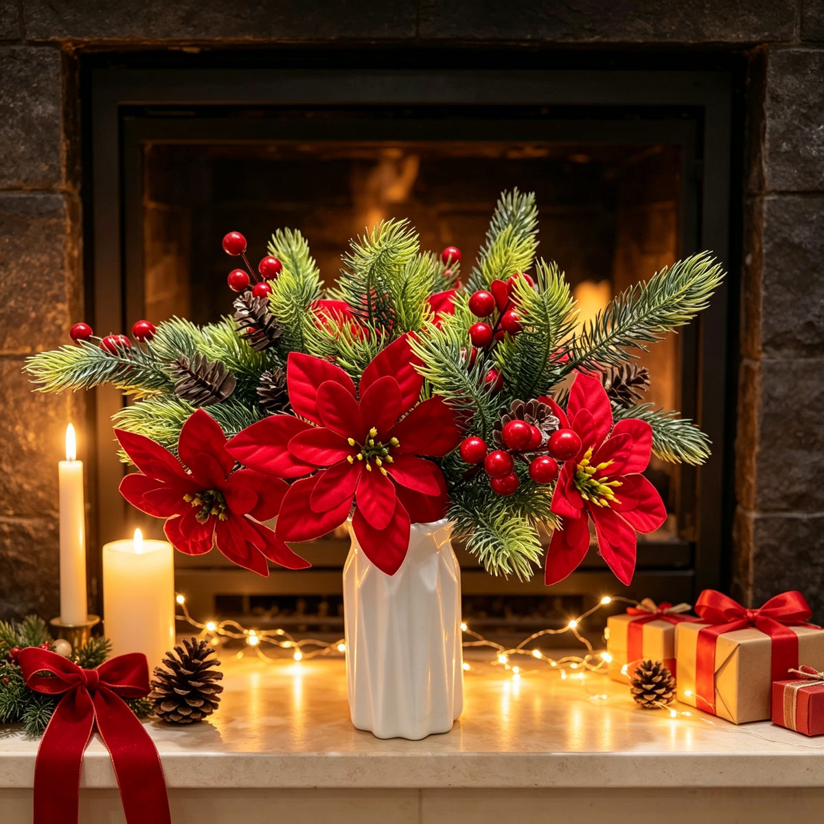 6 Pcs Artificial Plants Flowers Christmas Floral Picks, Velvet Poinsettia with Pine Cones Red Berries Pine Needles, Flexible Stems for Xmas Tree Thanksgiving Winter Table Centerpieces Indoor