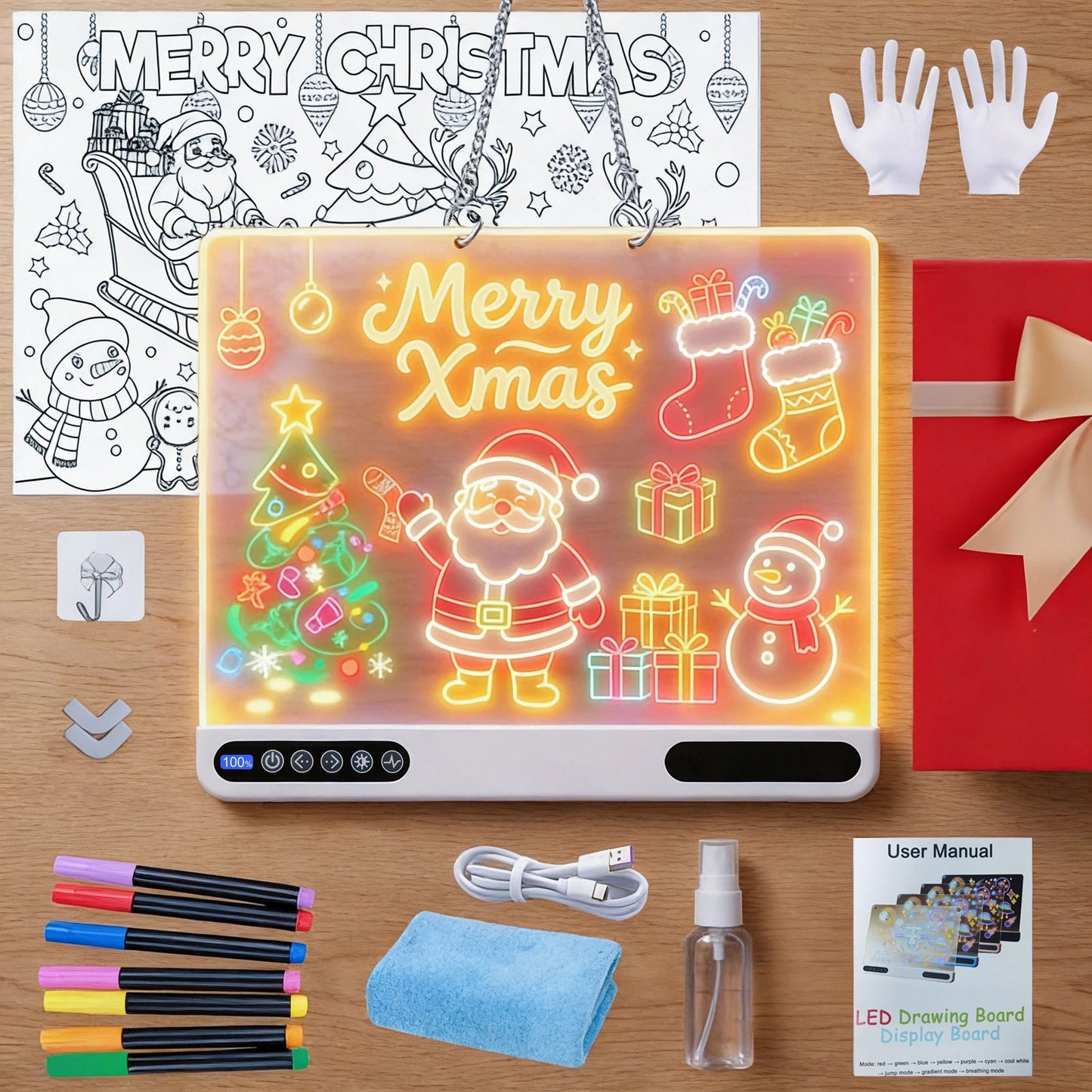 16 inch Rechargeable LED Drawing Board for Kids, 10-Color Light Up Doodle Pad, 1500mAh Battery, Digital Display, Touch Buttons & Built-in Stand, White