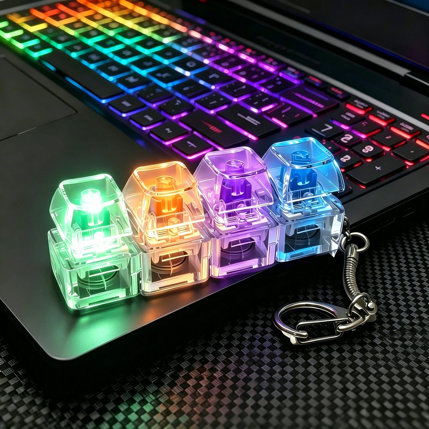 3 Pack Keyboard Fidget Keychain Toy with LED Light, 4-in-1 Button Clicker Desk Toys for Stress Relief & Focus, Portable Travel for 18+