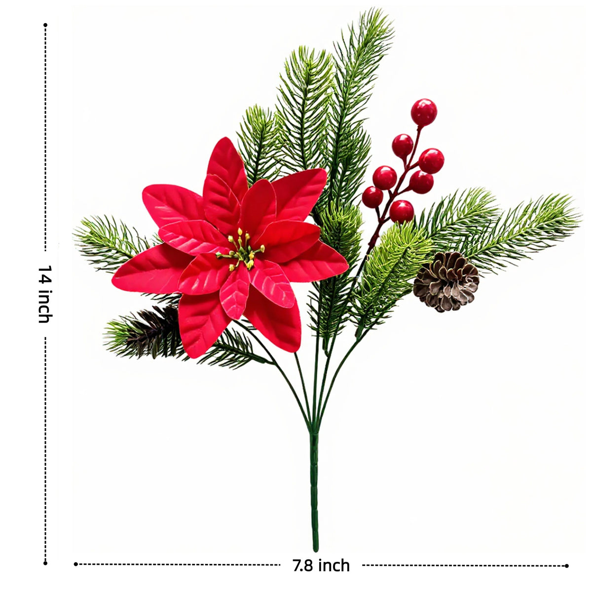 6 Pcs Artificial Plants Flowers Christmas Floral Picks, Velvet Poinsettia with Pine Cones Red Berries Pine Needles, Flexible Stems for Xmas Tree Thanksgiving Winter Table Centerpieces Indoor