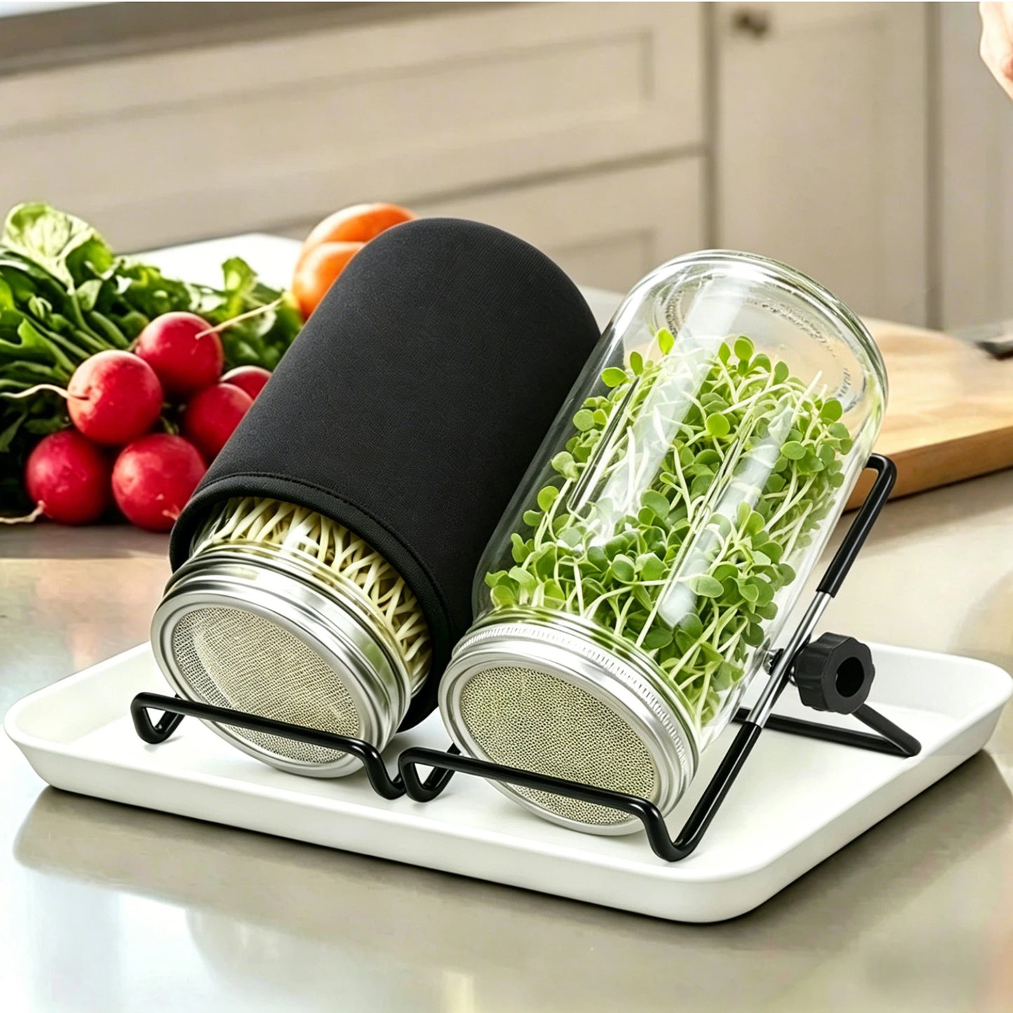 2 Set Sprouting Jar Kit, 32oz Wide Mouth Mason Jars with Sprout Lids, Stand, Drain Tray & Blackout Sleeves - Seed Sprouter Kit for Growing Mung Beans, Broccoli, Alfalfa Microgre