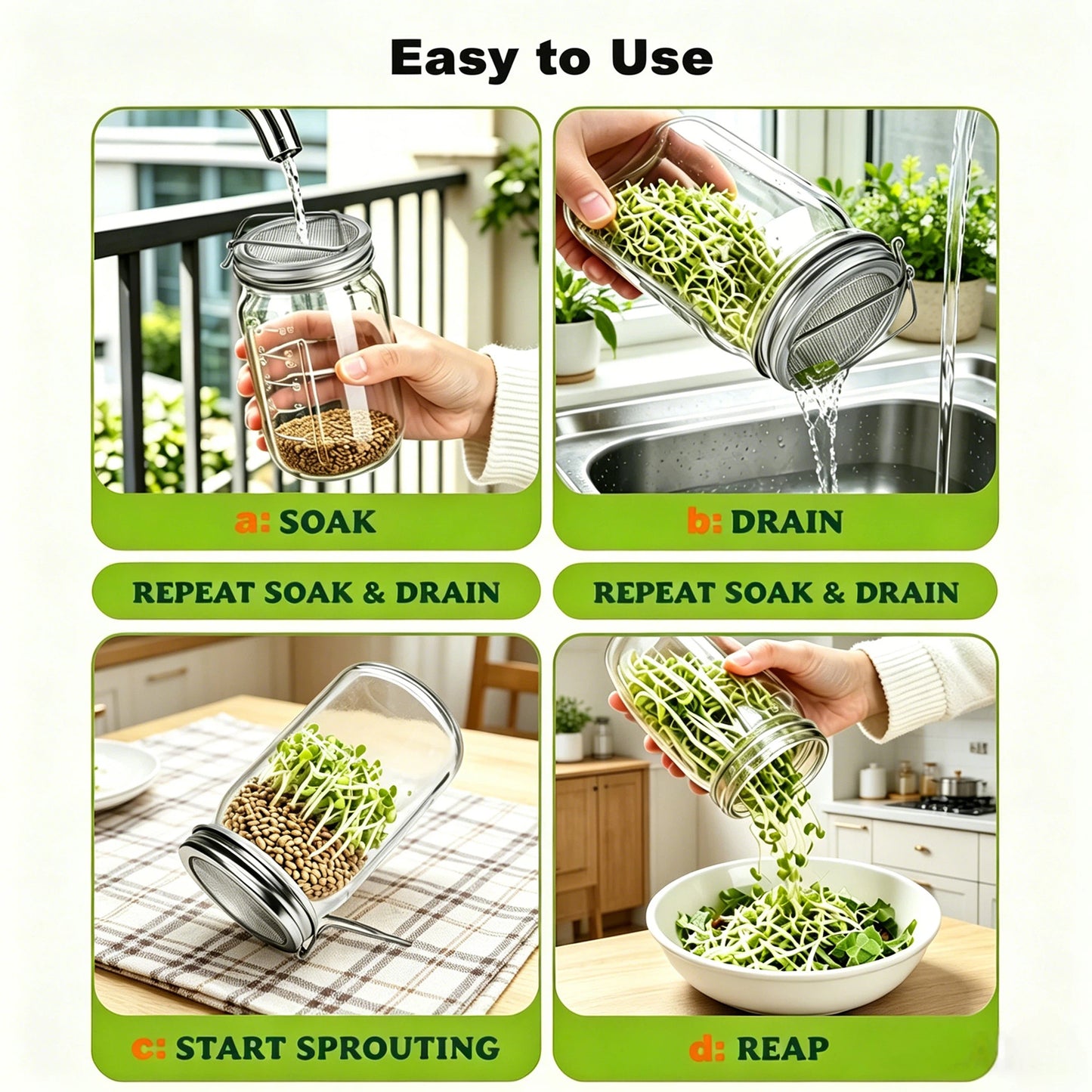 4 Pcs Wide Mouth Mason Jar Sprouting Lids, 2-in-1 Stainless Steel Reusable Germination Lid with Integrated Support Stand for Seed Sprout Growing