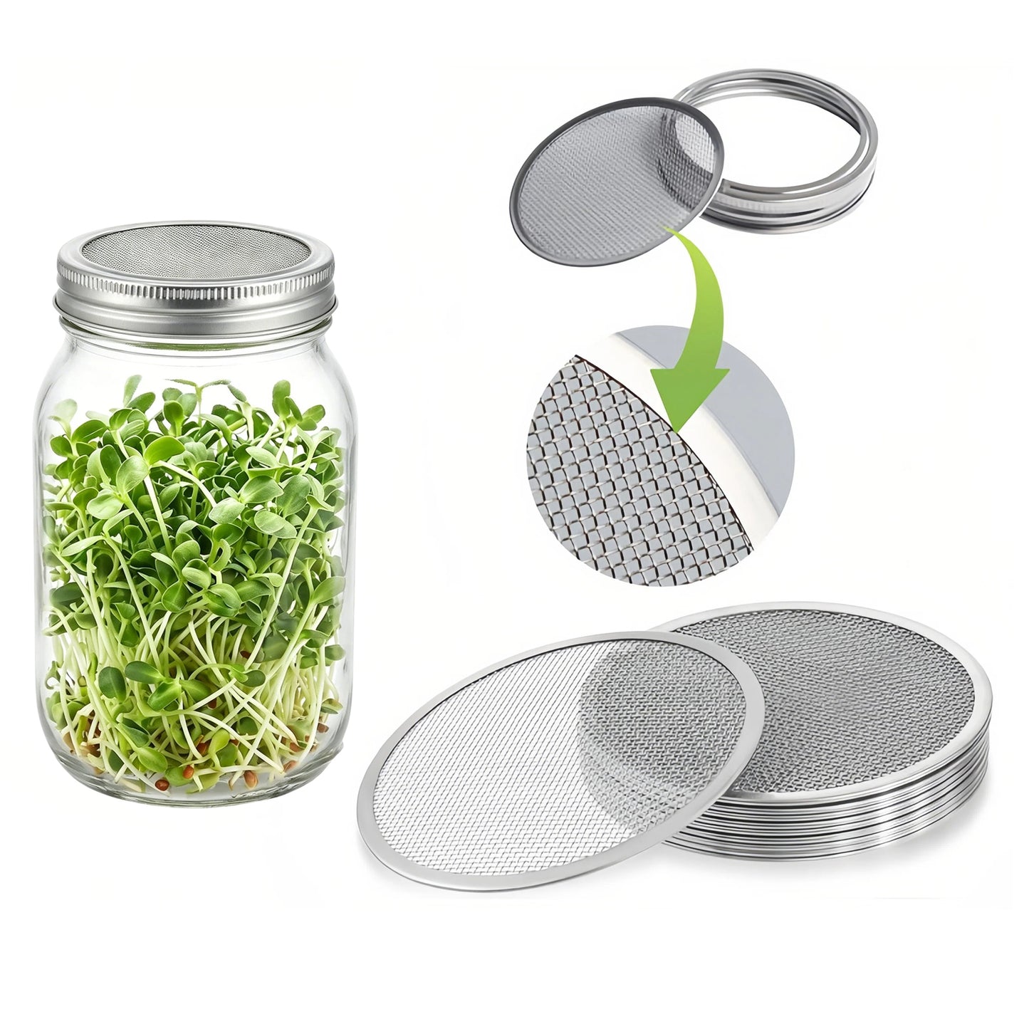 4 Pack Seed Sprouting Lids, 304 Stainless Steel Mesh Strainer Lids for Wide Mouth Mason Jars, Growing Organic Sprouts, Food Sifter