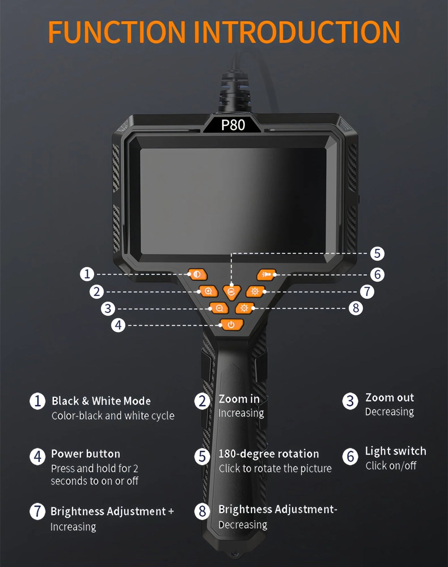 4.3" Borescope Camera with Light, 2600mAh Rechargeable Battery, 1080P HD Endoscope Snake Inspection Camera, 16.5ft Semi-Rigid Cable, IP67 Waterproof